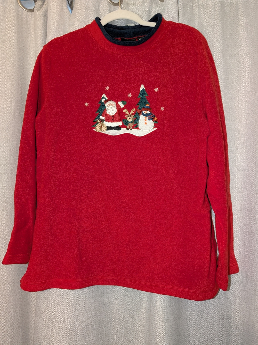 croft & barrow Red Holiday Fleece Pullover with Santa and Snowman Embroidery